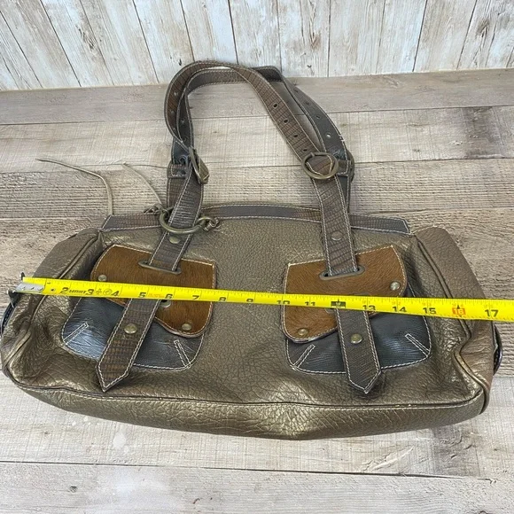 Claudia Firenze Handbag Pewter Metallic Leather Fur Chain Made in Italy - Picture 16 of 16